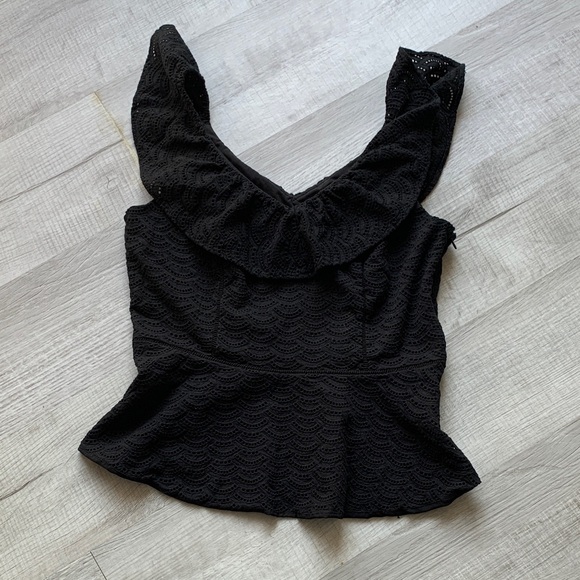 White House Black Market Tops - White House Black Market Black Eyelet Ruffle Peplum Top, size 12.